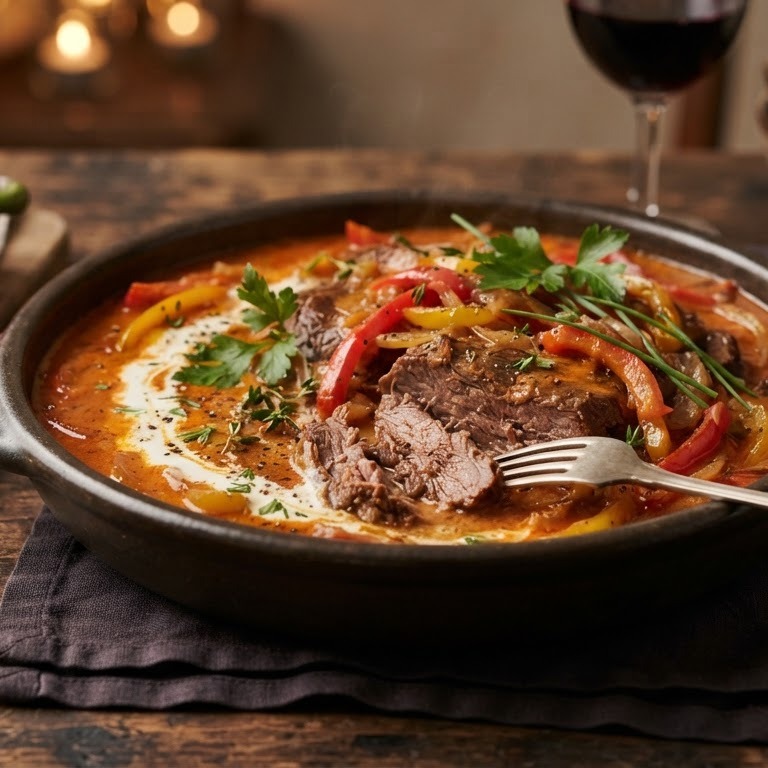 Gestoofde runderlapjes in paprika-roomsaus recept