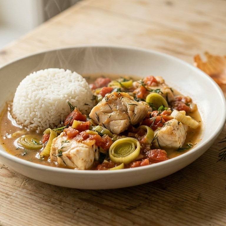 Gestoofde vis met tomaat en prei recept