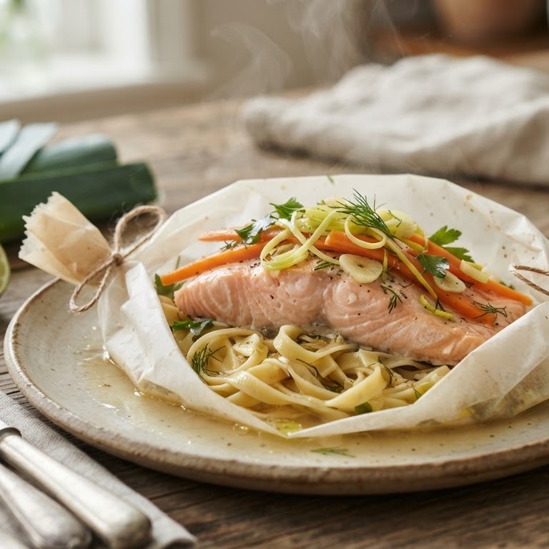 Gestoomd groente vispakketje op een bedje van knoflook tagliatelle recept