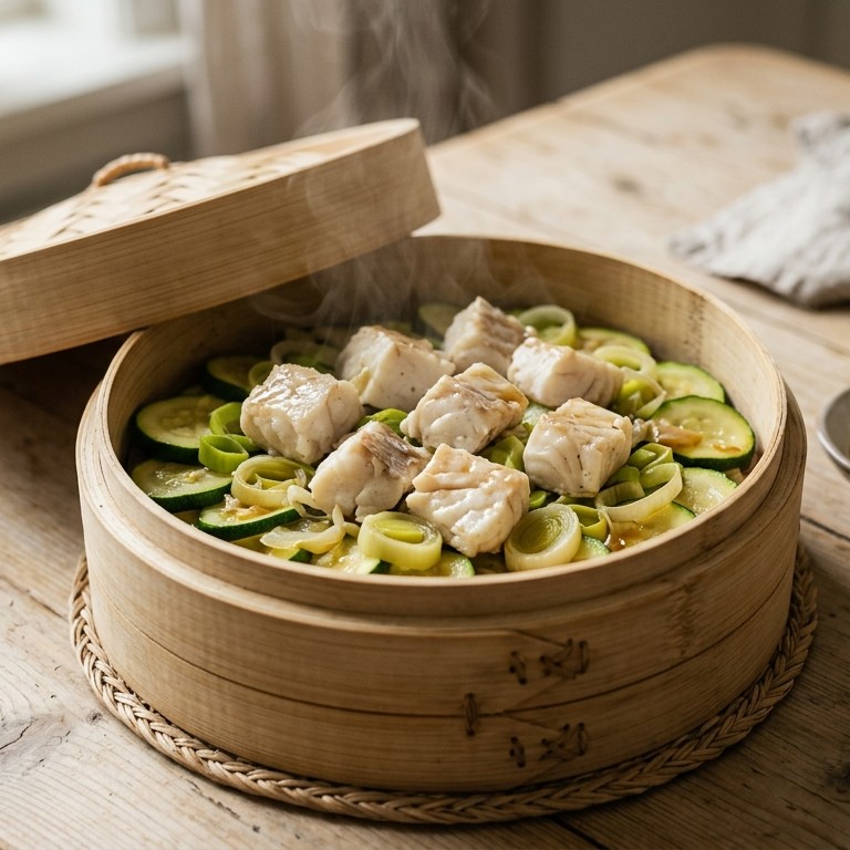 Gestoomde courgettes, prei en vis recept