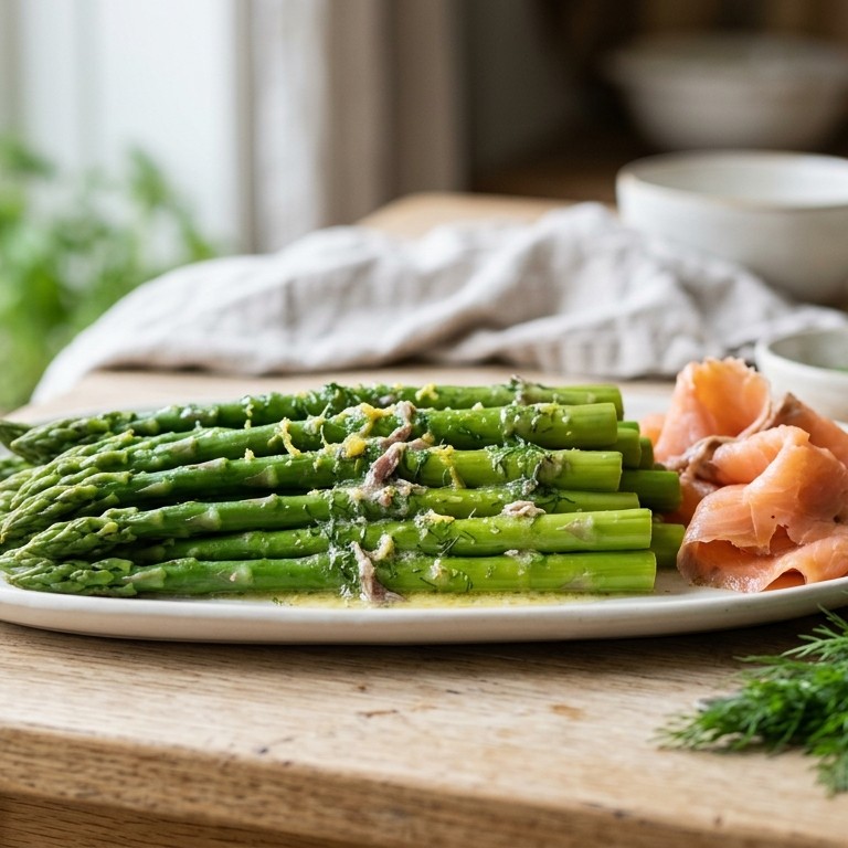 Gestoomde groene asperges met ansjovis-citroenboter en gerookte zalm recept