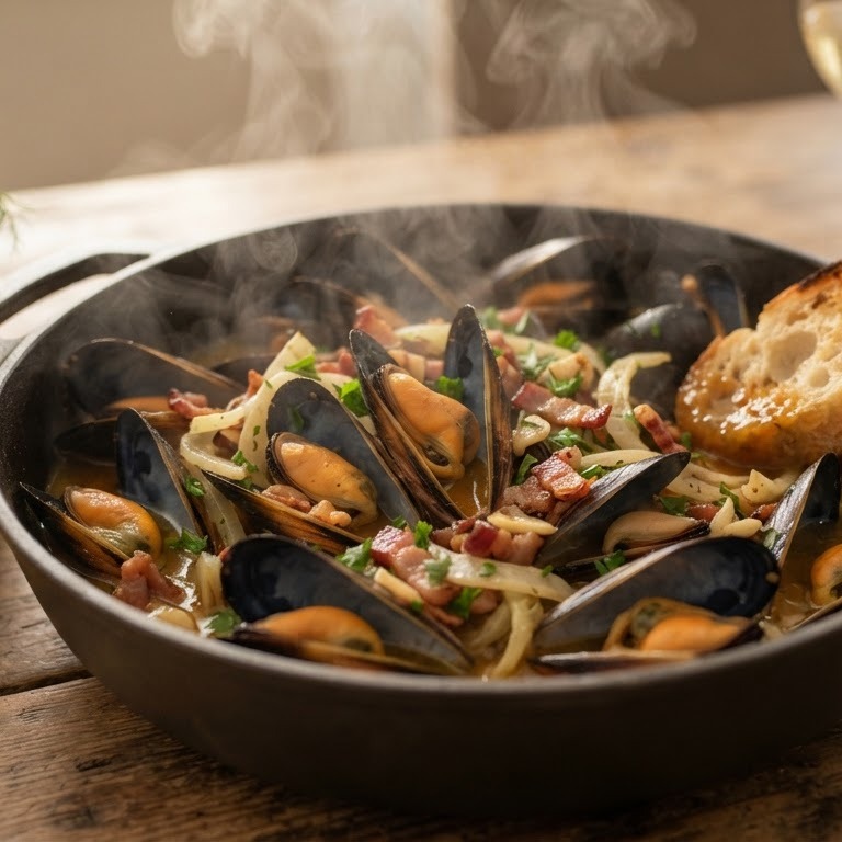 Gestoomde mosselen met knoflook, bacon en venkel recept