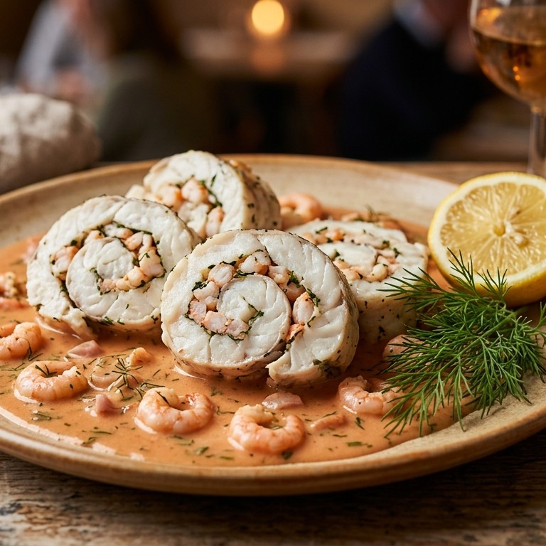 Gevude visrolletjes met gamba-cognacsaus recept