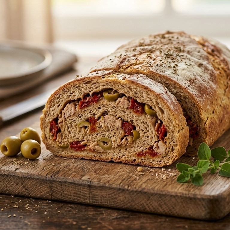 Gevuld brood met gedroogde tomaten, groene olijven en tonijn recept