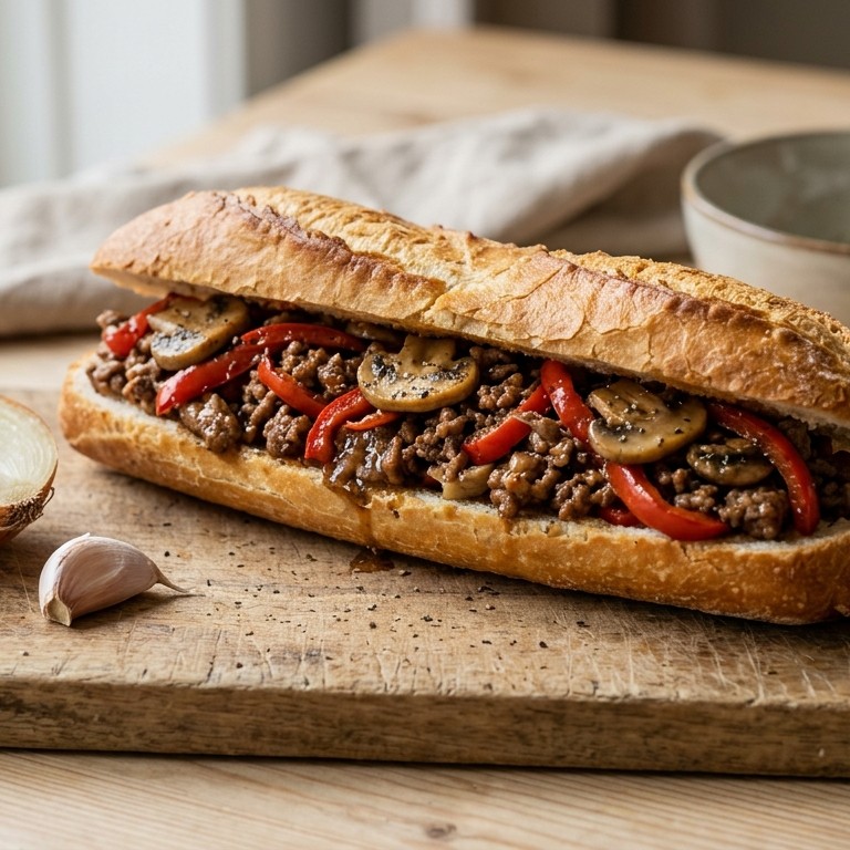 Gevuld stokbrood het gehakt, paprika en champignons recept