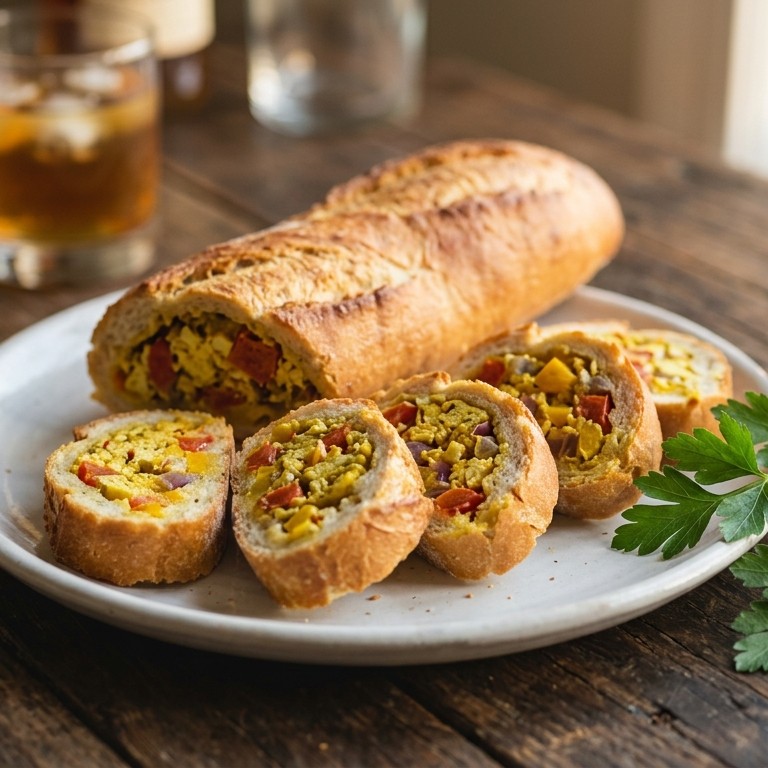 Gevuld stokbrood met ei, tomaat, uitjes en paprika recept