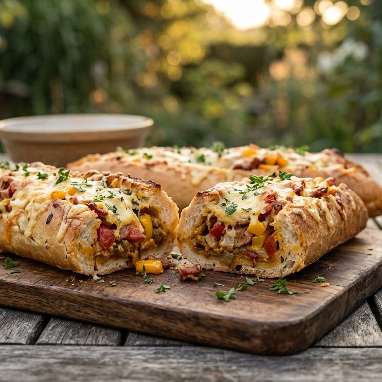 Gevuld stokbrood met kaas, bacon en tomaat recept