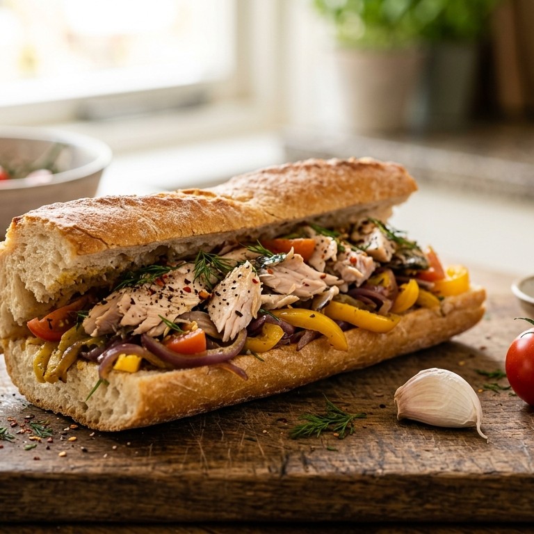 Gevuld stokbrood met makreel, uitjes en paprika recept