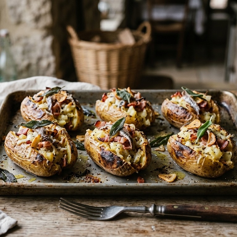 Gevulde aardappeltjes met ansjovisfilets en bacon recept