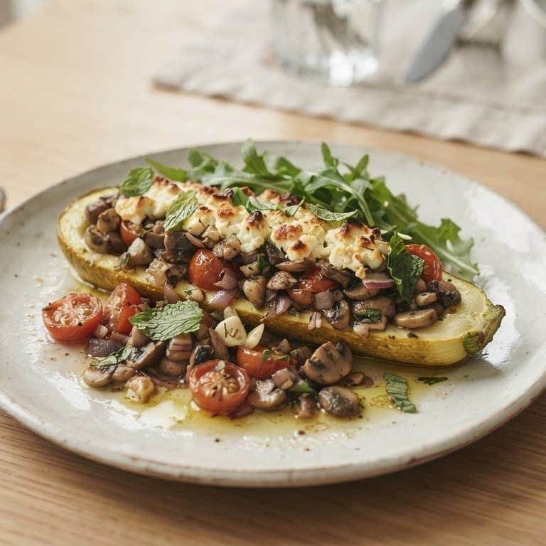 Gevulde courgette met champignons, feta en romana tomaatjes recept