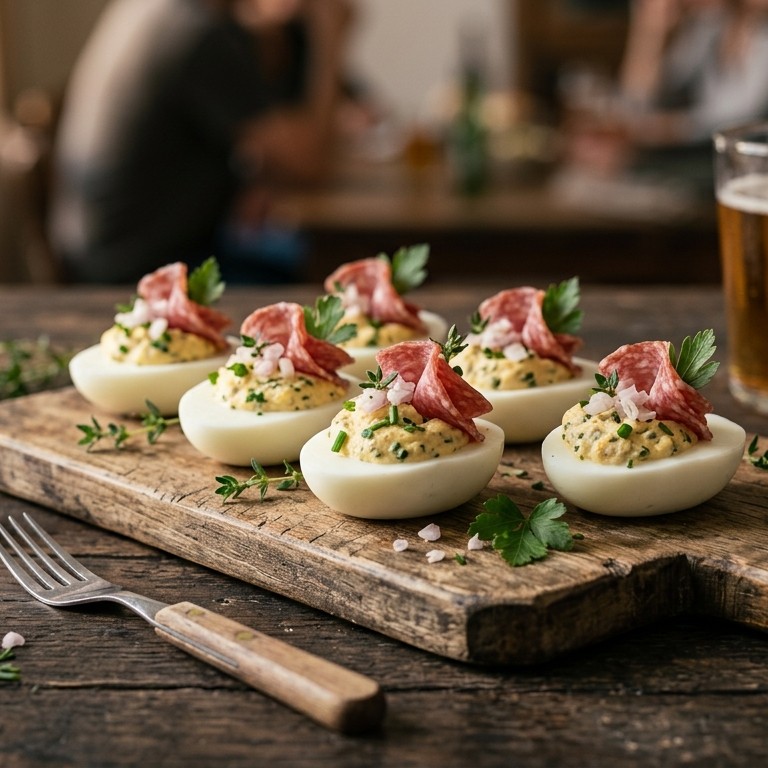 Gevulde eieren met salami, kruiden en sjalotje recept