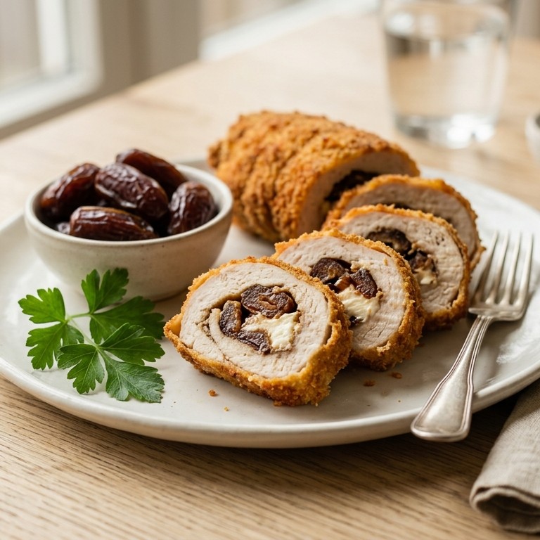 Gevulde kalkpoenfilets met dadels en smeerkaas recept