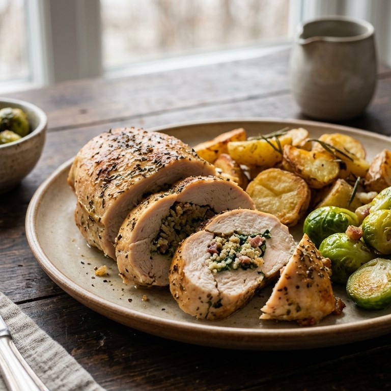 Gevulde kipfilet met opgebakken aardappels en spruiten recept