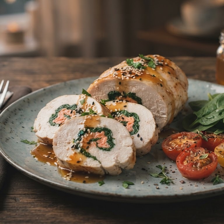 Gevulde kipfilet met spinazie, zalm en sesam honingsaus recept