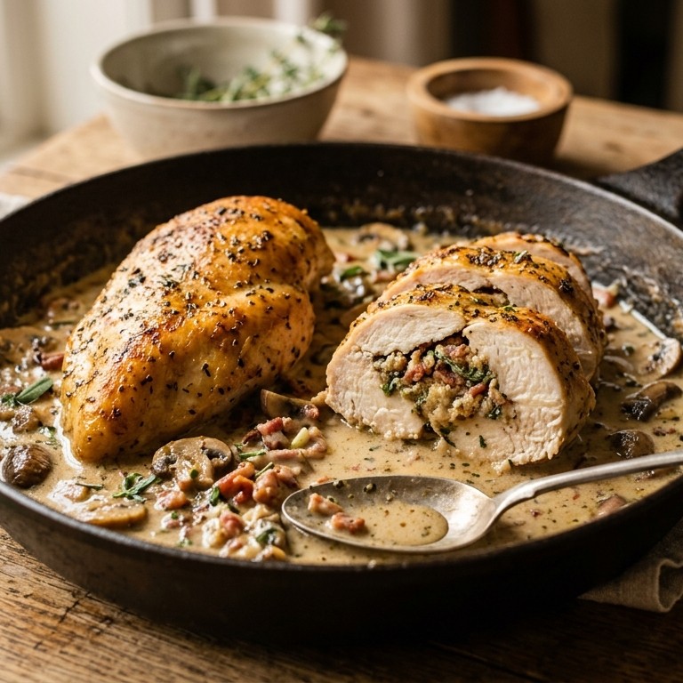 Gevulde kipfilets met champignonsaus recept
