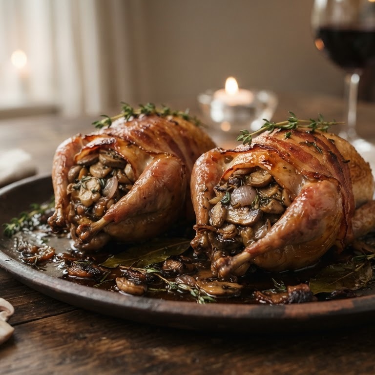 Gevulde kwartels met champignons, knoflook en ganzenleverpaté recept