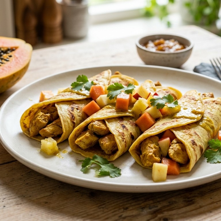 Gevulde pannenkoekjes met kerriekip en divers fruit recept