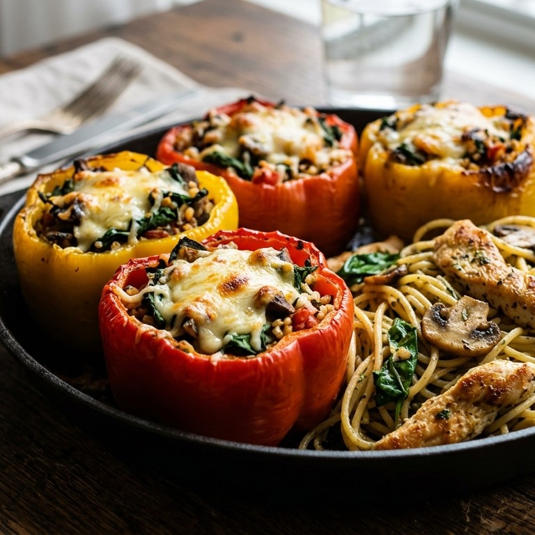 Gevulde paprika met citroenknoflook, noedels en kip recept