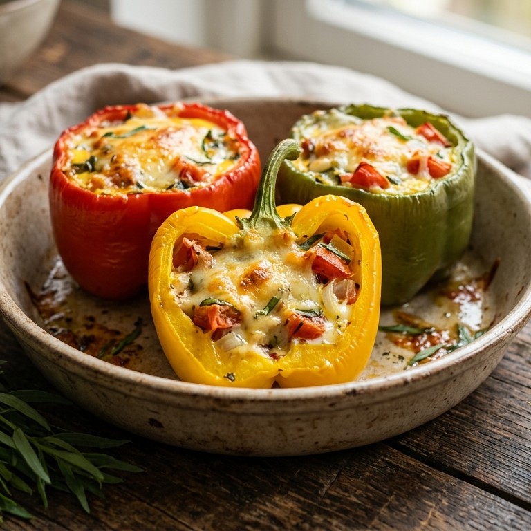 Gevulde paprika met kaas, ei, tomaat, uitjes en paprika recept