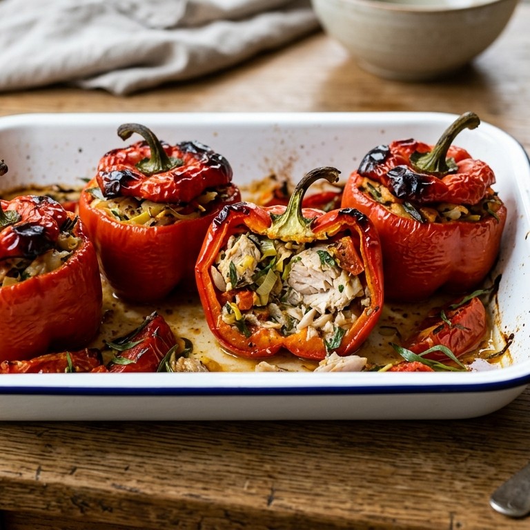 Gevulde paprika met makreel, tomaat, uitjes en prei recept