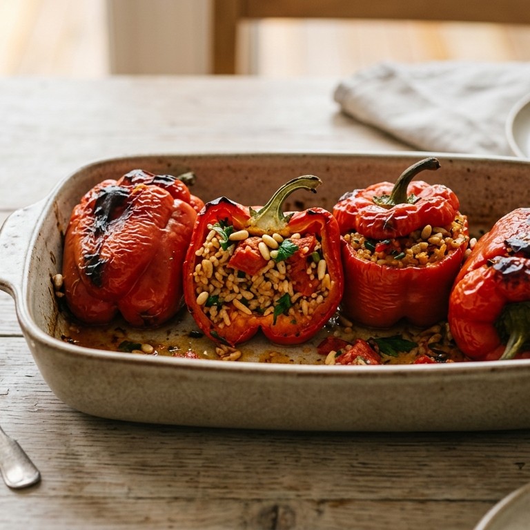 Gevulde paprika met rijst, tomaat en pijnboompitten recept