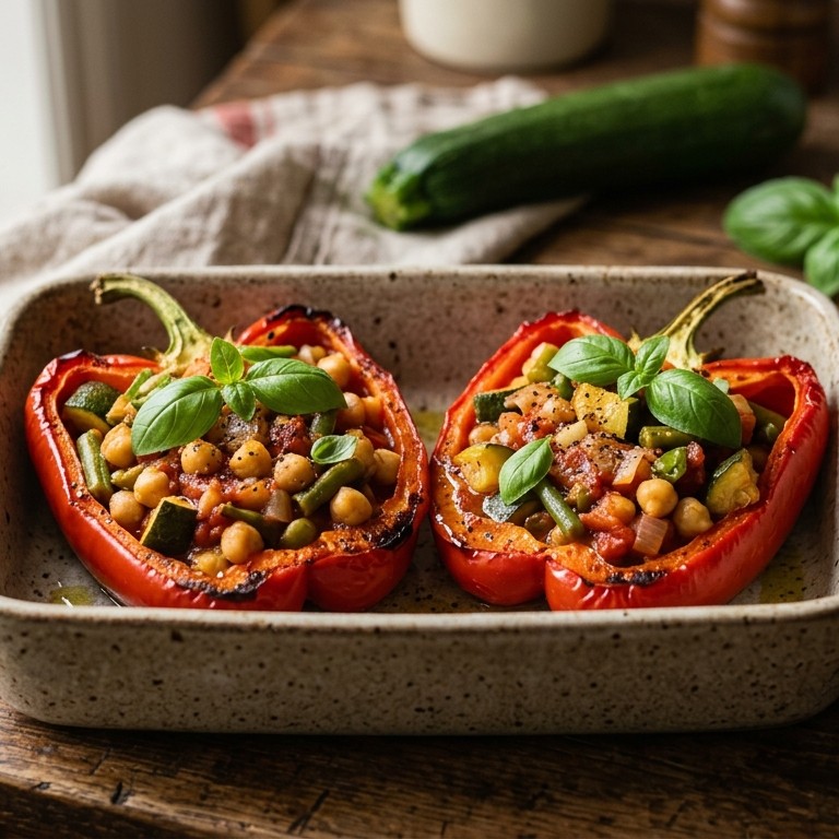 Gevulde paprika's met courgette, kikkererwten en sperziebonen recept