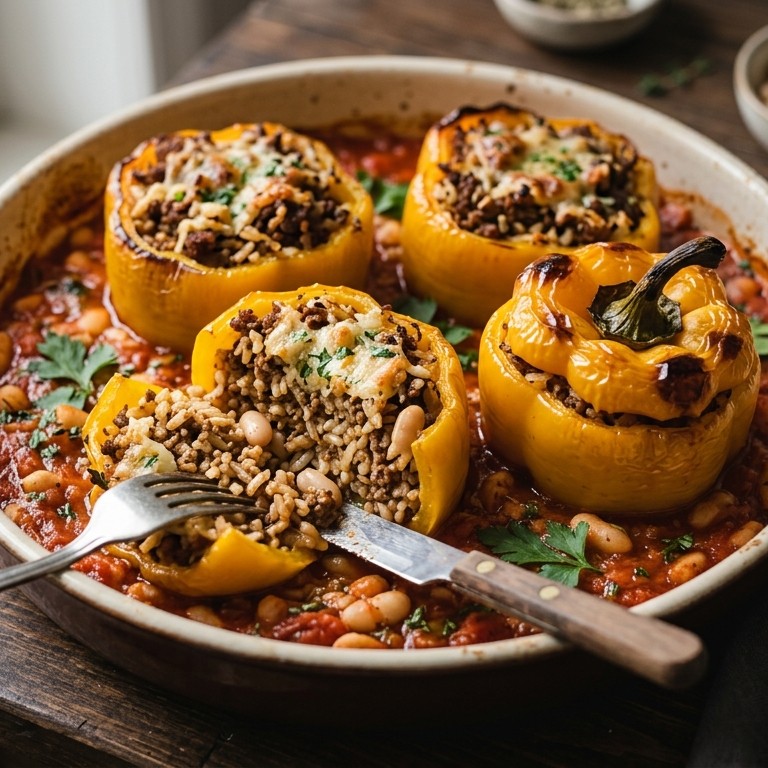 Gevulde paprika's met rijst, gehakt en witte bonen recept