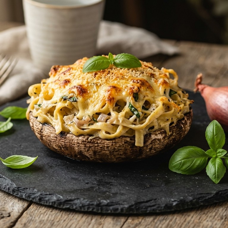 Gevulde portabello met tagliatelle, room en geraspte belegen kaas recept