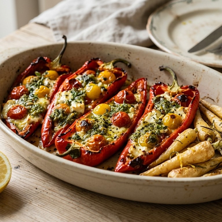 Gevulde ramiro paprika's met tomaat, feta kaas en pesto recept