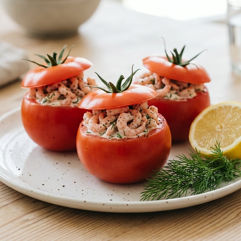 Gevulde tomaten met Hollandse garnalen en zure room recept