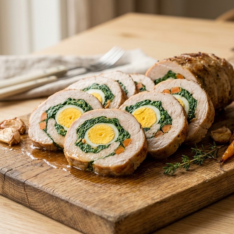 Gevulde varkensfiletrollade met spinazie en ei recept