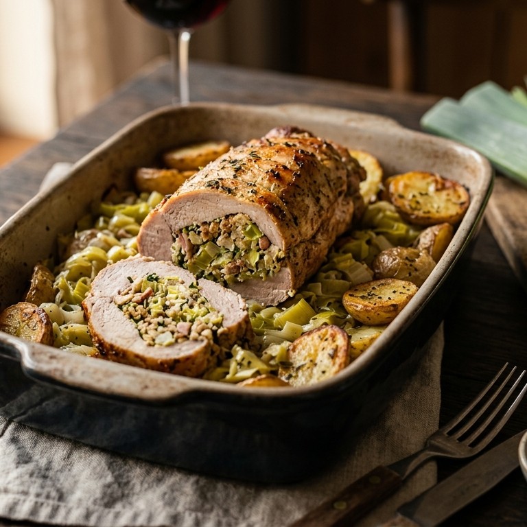 Gevulde varkenshaas met prei uit de oven recept