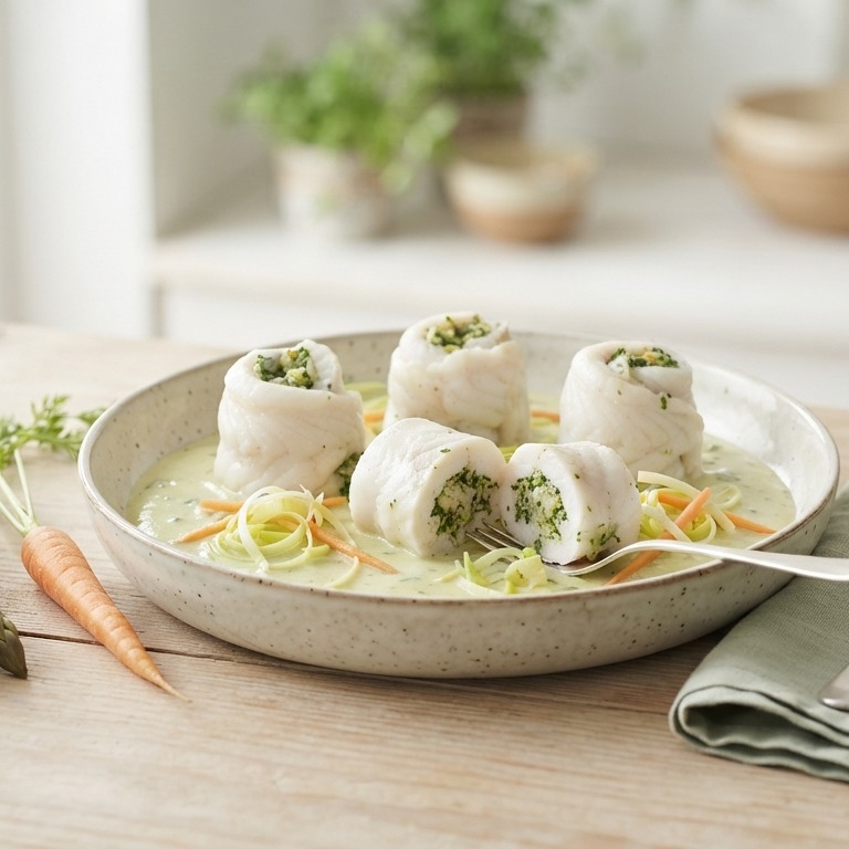 Gevulde visrolletjes met aspergecrème recept