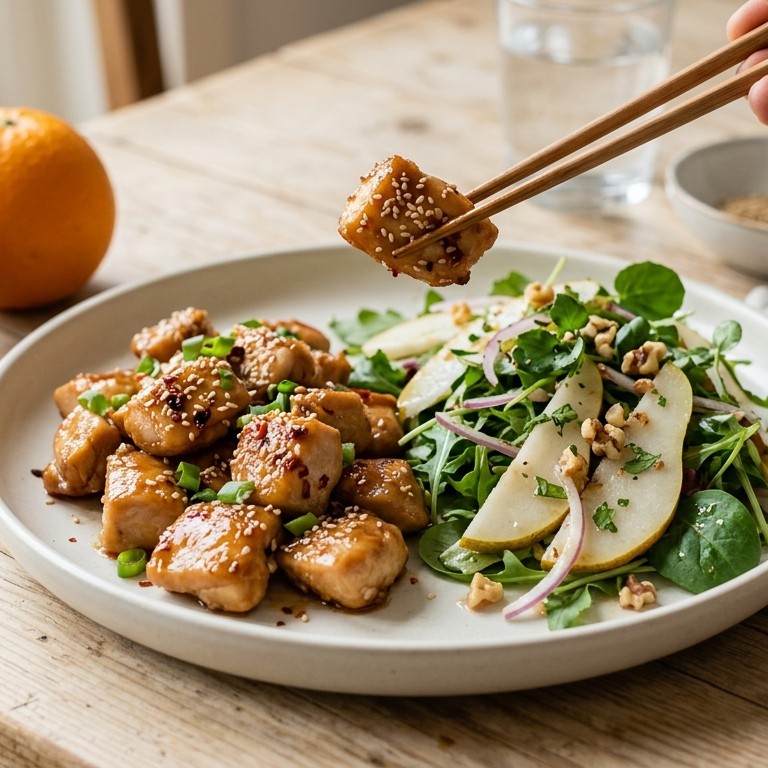 Gewokte gemarineerde kip met zoete perensalade recept
