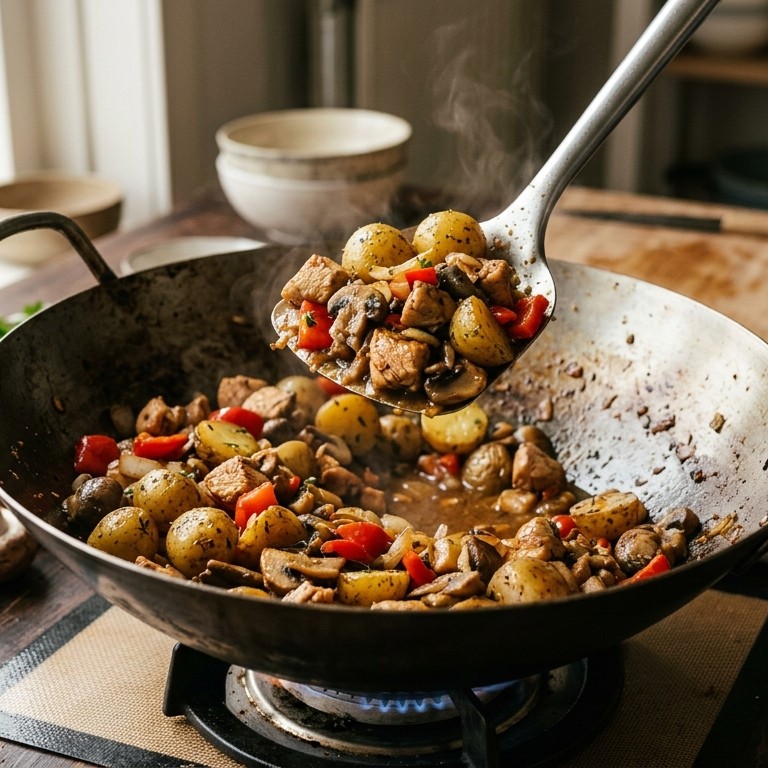 Gewokte kip met gekruide krieltjes recept