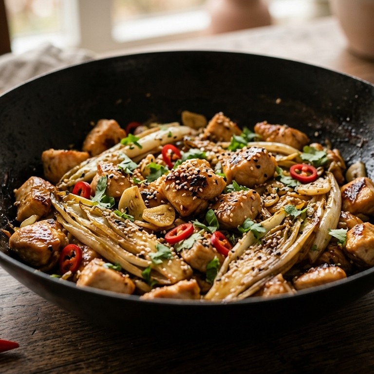 Gewokte oosterse witlof met kipfilet recept