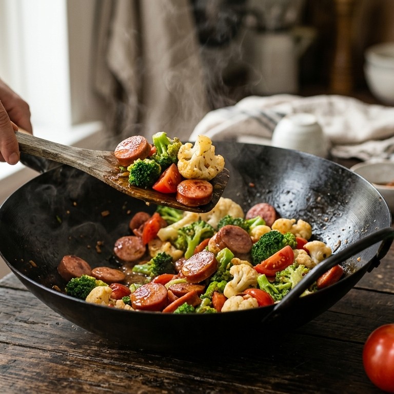 Gewokte tricolore van groenten met rookworst recept