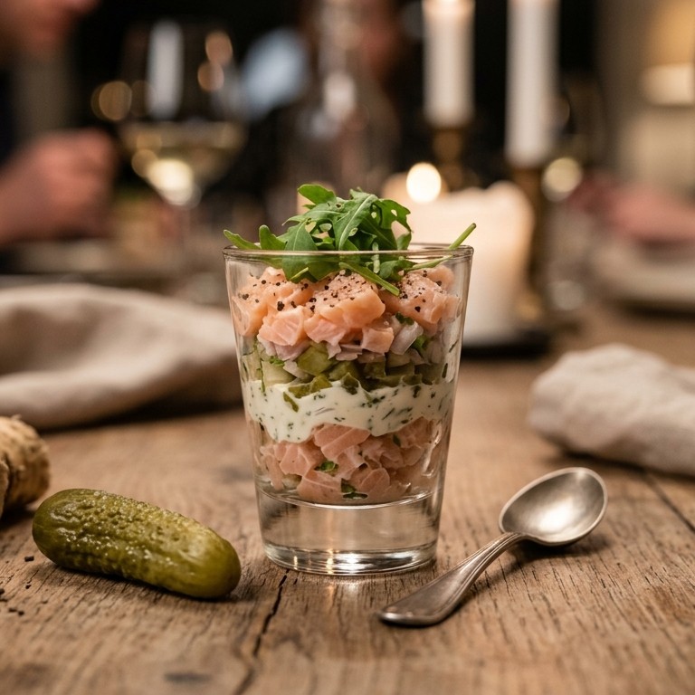 Glaasje gevuld met tartaar van zalm, augurk en mierikswortel recept