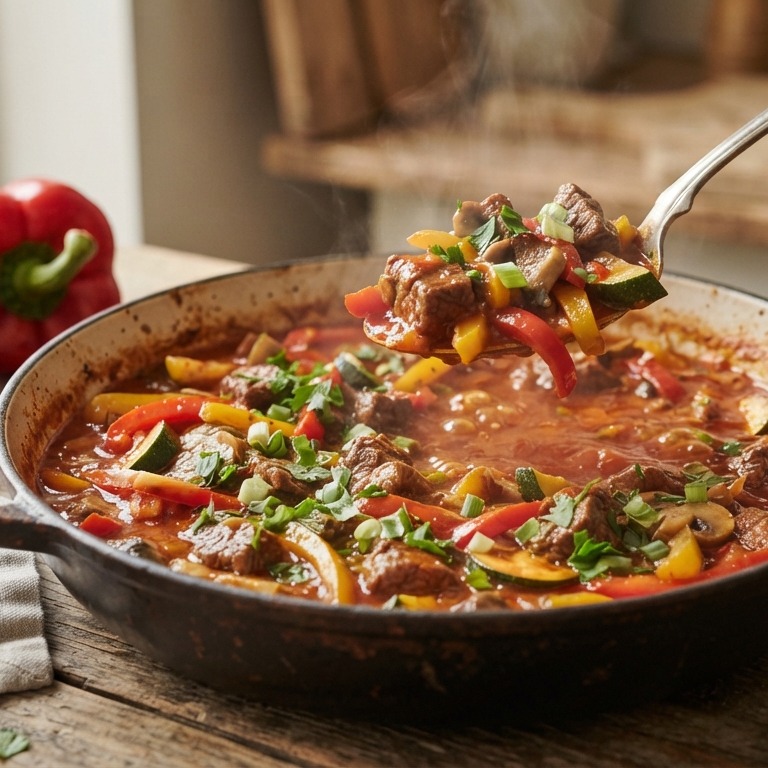 Goulash van paprika, courgette en champignons recept
