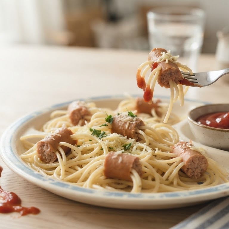 Grappige spagetti met knakworst recept