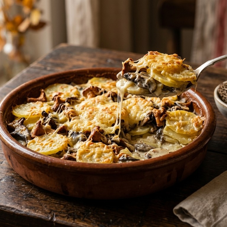 Gratin dauphinois met bospaddestoelen recept