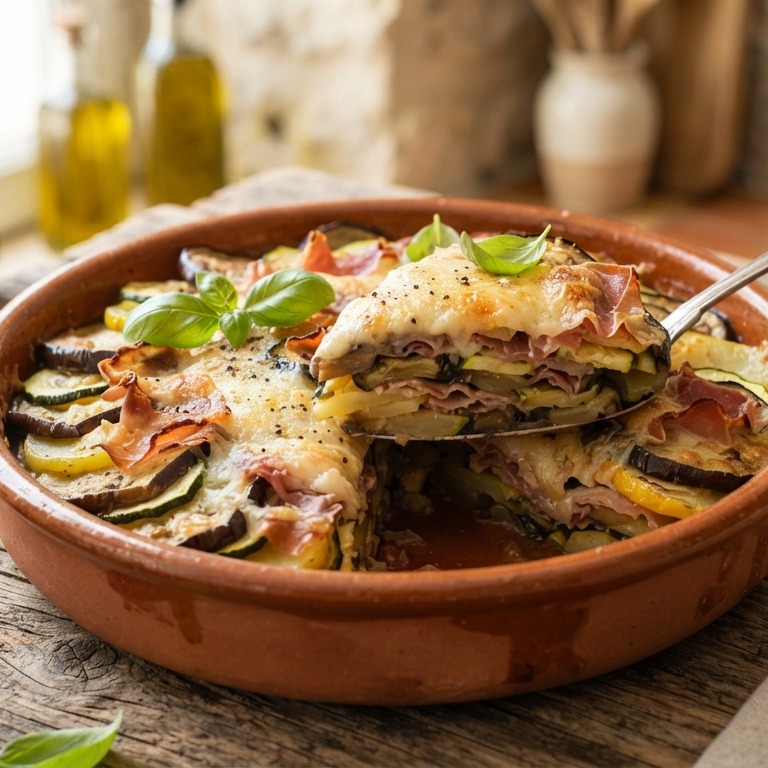 Gratin van gedroogde ham, aubergine en courgette recept