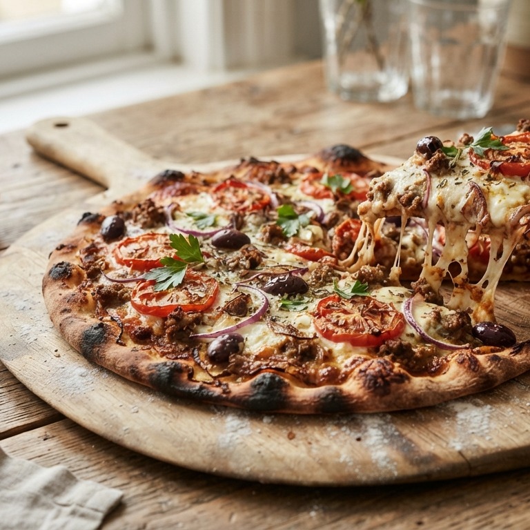 Griekse pizza met gehakt en tomaten recept