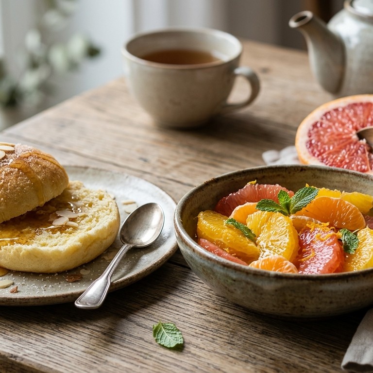 Griesmeelbroodje met citrus- fruitsalade recept