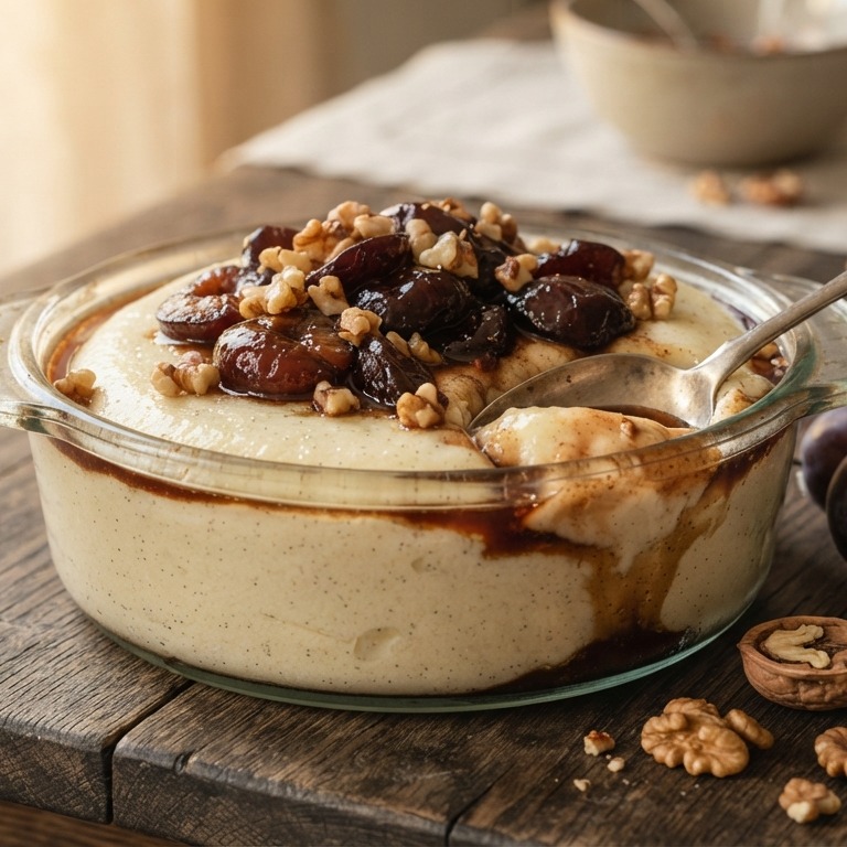 Griesmeelpudding met walnoten en kaneelpruimen recept