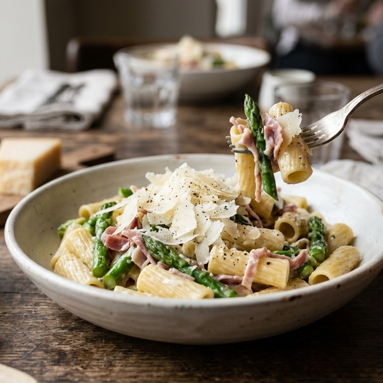 Groene asperges met ham, parmezaanse kaas en pasta recept