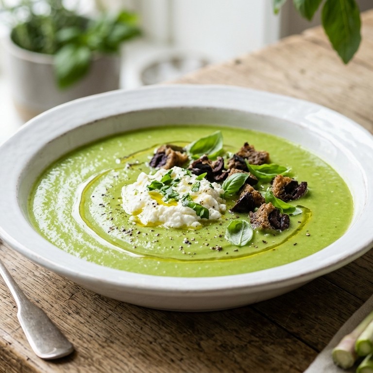Groene aspergesoep met ricotta, basilicum en zwarte olijvencroutons recept