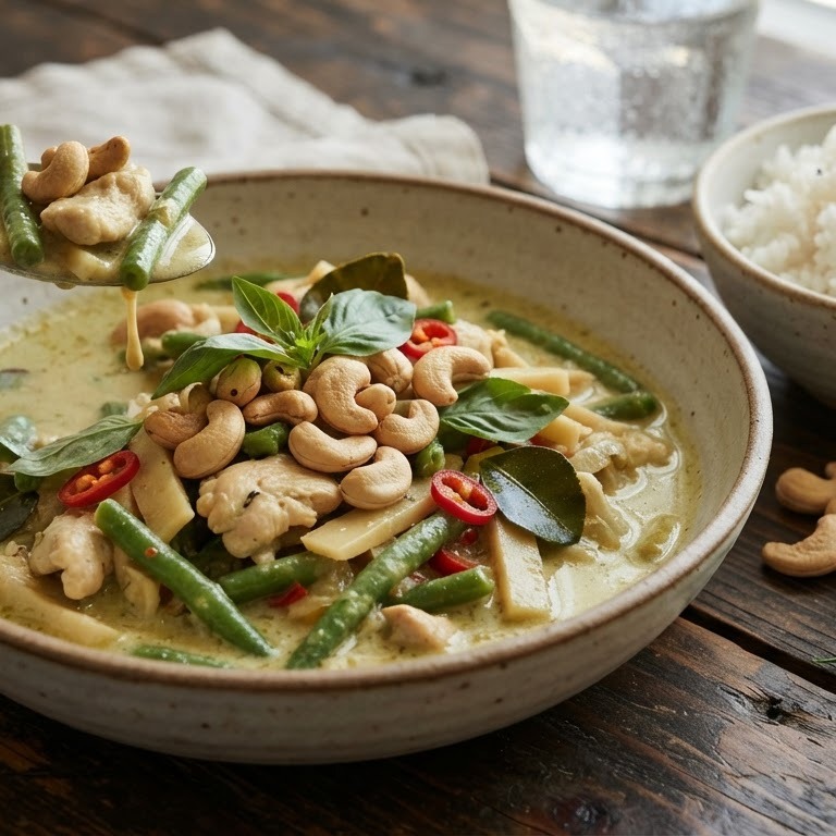 Groene curry met sperzieboon en cashewnoot recept
