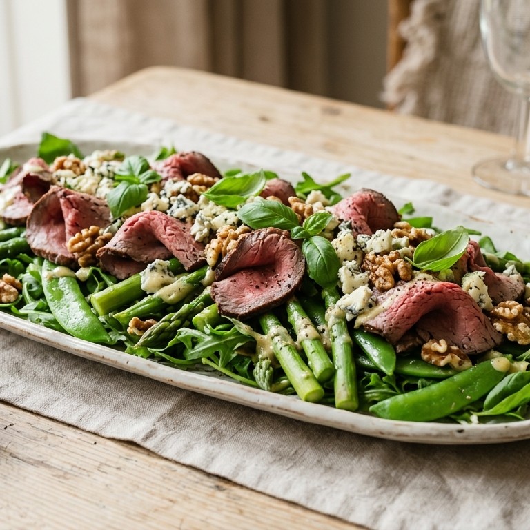 Groene groenten met rosbief en mosterdressing recept