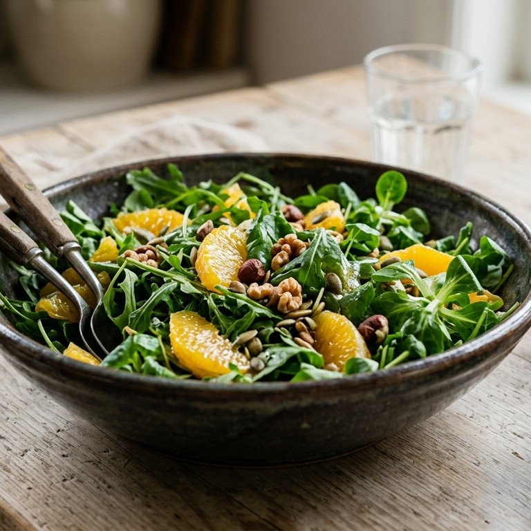 Groene maaltijdsalade met noten en sinaasappel recept